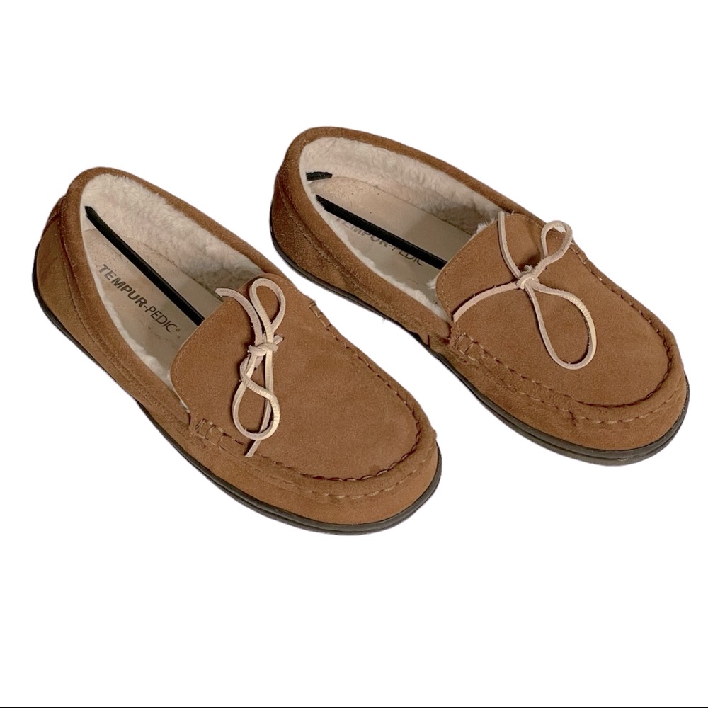 Tempur-Pedic Zada Moccasin Slippers Leather Suede With Faux Fur Brown Size 10w